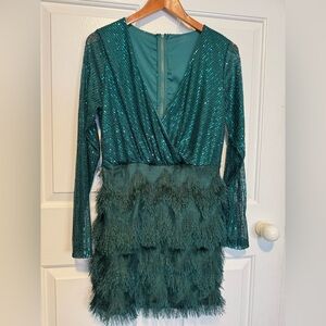 Emerald Green Sequin and Feather Mini Dress